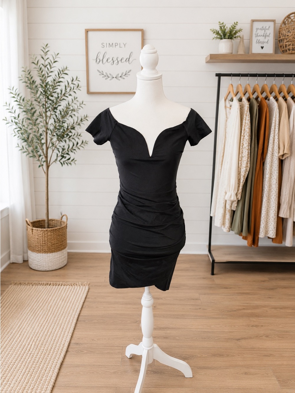 Blue S Black Off Shoulder Bodycon Mini Dress Size M Ruched Stretch Cocktail
